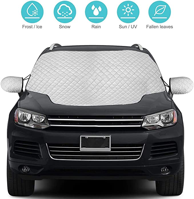 QcoQce Car Windshield Cover, SUV Magnetic Snow Cover, Windscreen Cover with Side Wing Mirror Cover, Frost Guard Pefect Fit for Cars, SUVs and Truck (153×127cm)