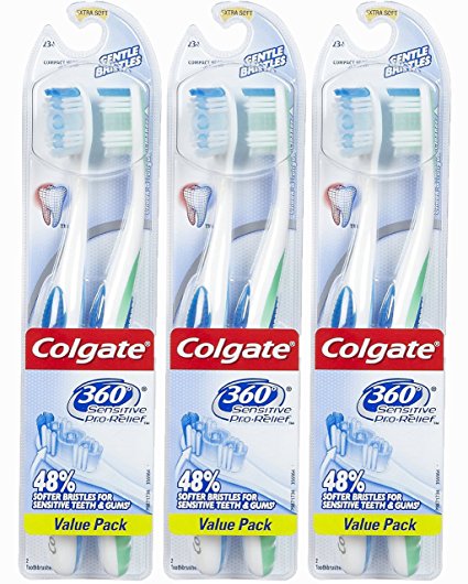 Colgate 360 Degree Sensitive Pro-relief Extra Soft Toothbrush-2 Count, Assorted Colors, (Pack of 3)