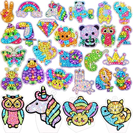 Zonon Gem Diamond Painting Kit for Kids, 24 Pieces DIY Diamond Painting Stickers, 4 Suncatchers and DIY Painting Tools to Create Your Own Diamond Stickers Cute Art Crafts for Girls Boys