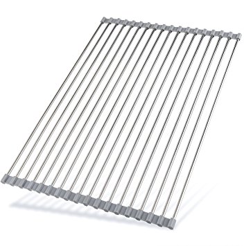 Roll Up Dish Drying Rack - Stainless Steel and Silicone Dish Drying Mat Over the Sink Foldable Drain Rack Multipurpose Dish Drainer Extra Large 20.5"(L) x 14"(W), Gray
