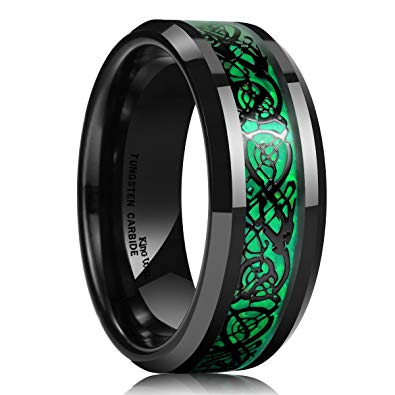 King Will Dragon Men's 8mm Green Carbon Fiber Black Celtic Dragon Tungsten Carbide Ring Comfort Fit