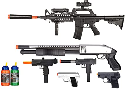 Airsoft Toy Gun Package Bundle All in One with Powerful Spring Rifle, SMG, Shotgun, Pistols and 2 Bottles 2000 Round BBS for Airsoft Beginner Pack, Birthday Gift Present for Boys