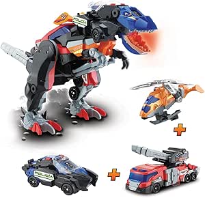 VTech - Switch&Go Dinos 4en1 Mega T-Rex SOS, Superdinosaurio combinado de tres vehículos de emergencia, Dinosaurios y figuras de acción, Juguete para niños  3 años, Versión ESP