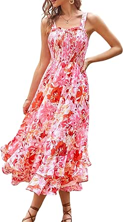 GRACE KARIN Women's 2024 Summer Floral Boho Dress Square Neck Strapped Swing A Line Beach Long Maxi Dress