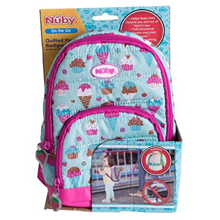 Nuby Quilted Sweet Girl Backpack with Safety Harness Leash, Child Baby Toddler Travel