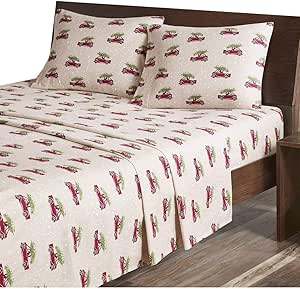 Woolrich Cotton Sheet Set Cottage Charms Print, 100% Cotton Flannel Sheets Warm & Fuzzy Bedding Set King Size Sheets, Fitted Pocket Fits Up to 14" Mattress, King Tan Cars, 4 Piece