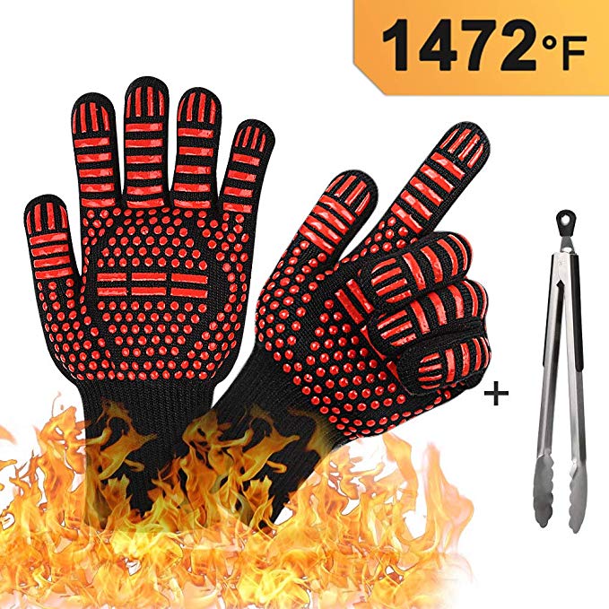 BBQ Grilling Gloves, 1472°F Extreme Heat Resistant Oven Gloves and Kitchen Tong, Oven Mitts for Cooking Baking Grilling & Smoker, Non-Slip Textured Grip Pot Holders (3-Piece Sets) (Red)