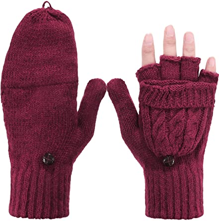 Women Convertible Glove Cable Knit Glove Half Finger Mitten with Cover for Cold Days