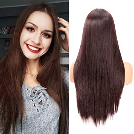 Fani 22 Inch Long Straight Dark Brown Wigs for Women and Ladies Natural Hairline Middle Part Synthetic Full Wig (4#)