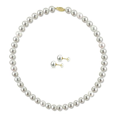 14k Yellow Gold 9-9.5mm White Freshwater Cultured Pearl Necklace 18" and Stud Earrings Set