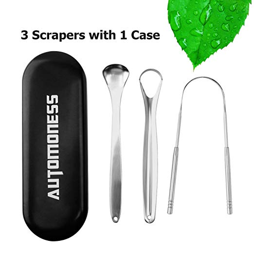 Tongue Cleaner Scraper, Automoness 3 pcs Stainless Steel Metal Tongue Scraper with Carrying Case, Fresh Breath Rustproof Oral Tongue Cleaner for Adults