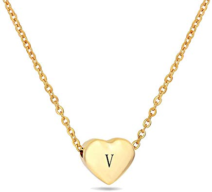 VQYSKO 18K Gold Pleated Stainless Steel Heart Initial Necklace - Small Pendant with Black Letter Gift for Women Child Kids Necklace Jewelry