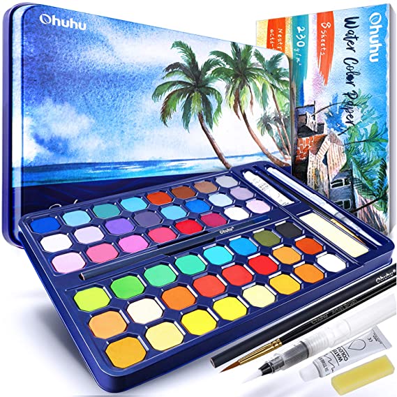 Watercolor Paint Set 48 Colors with Watercolor Paper, Ohuhu High Pigment Fundamental Watercolor Pan Watercolor Pallet with Water Brush Pen for Artists, Beginner, Student Mother's Day