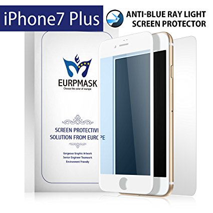 [Eyes Protection & 3D Curve Fit]EURPMASK iPhone 7 Plus Screen Protector,Full Cover   Harmful Light Filter Tempered Glass,Anti-Scratches/Anti-Fingerprint/Shatter-Proof Film[Front & Back Protection][White Frame]