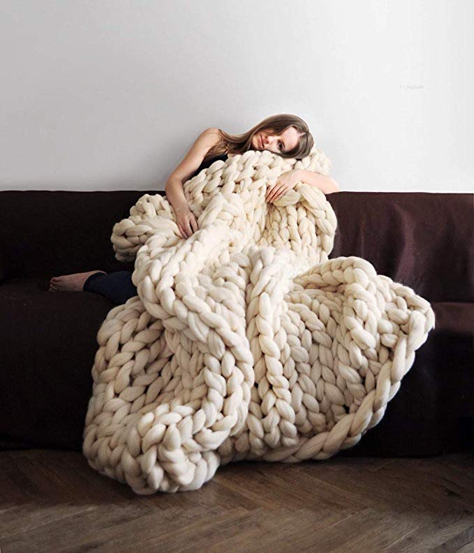 Yijiujiuer Chunky Knit Blanket Giant Throw Merino Wool Yarn Hand Made Bed Sofa Chair Mat (Beige 24"x24")
