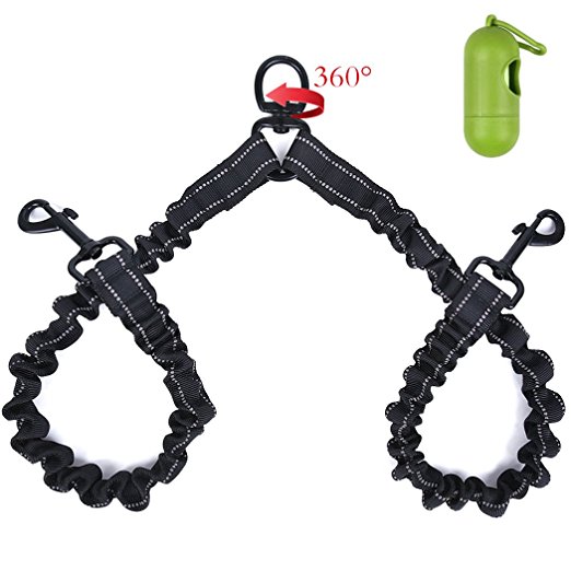 Dual Dog Leash, Double Pet Dog Leash,360° Swivel No Tangle Double Dog Walking & Training Leash with Shock Absorbing Bungee with Waste Bag Dispenser for Small, Medium & Large Dogs
