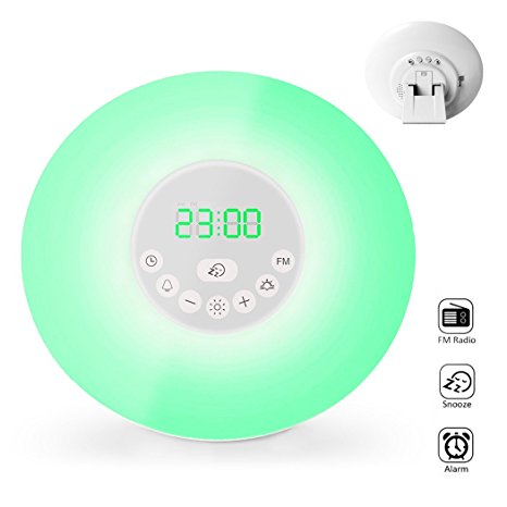 Wake Up Light Alarm Clock with FM Radio Sunrise Simulation Snooze , 7 Colors 6 Nature Sounds, Multi Light Modes Touch Control, Sunset Simulator Colourful Bedside Night Light for Heavy Sleepers - Popwinds