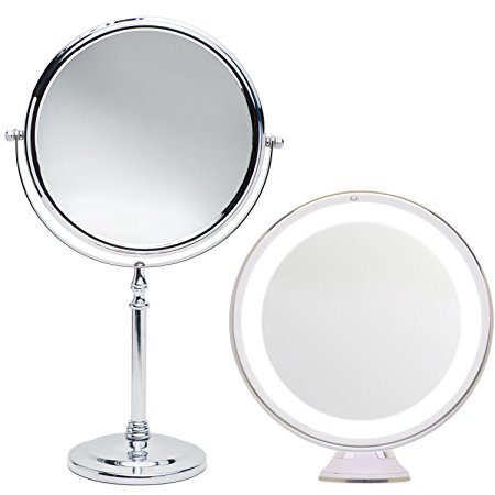 Mirrorvana 5X Magnified Lighted Mirror Bundle with Bonus Mirrorvana Large 8 Inch Makeup Mirror on Pedestal