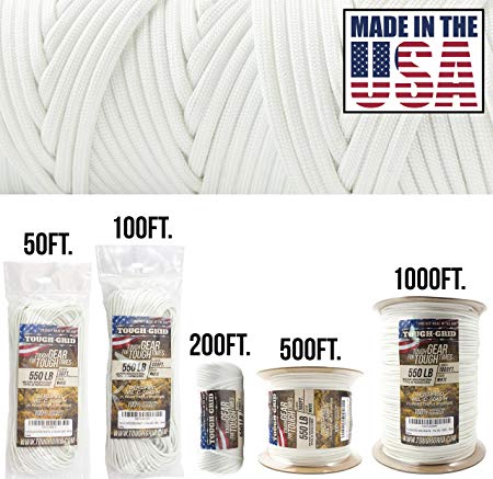 TOUGH-GRID 550lb Paracord/Parachute Cord - 100% Nylon Genuine Mil-Spec Type III Paracord Used by The US Military - (MIL-C-5040-H) - Made in The USA. 100Ft.