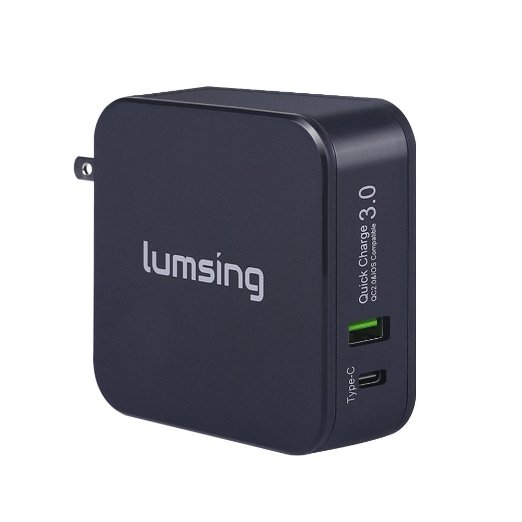 Lumsing 48W dual port Quick Charge 3.0 and Type-C Wall Charger with Foldable plug for Apple Macbook, Google Nexus 6P, HTC 10, Galaxy S7, LG G5 and more