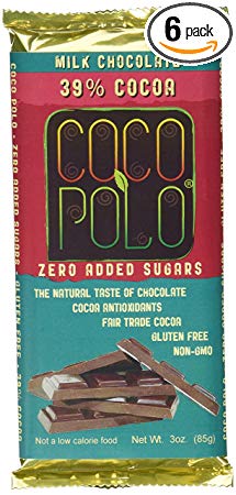 Coco Polo, Stevia Sweetened 39% Cocoa Pure Milk Chocolate, All Natural, Non-GMO, No Sugar Added, 3-Ounce Bars (Pack of 5)