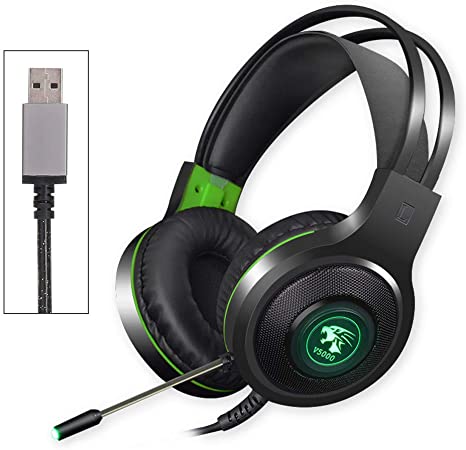 YUNTAB V5000 Gaming Headset Virtual 7.1 Surround Sound with Mic, Noise Cancelling LED Light for PC Laptop Computer (Black&Green)