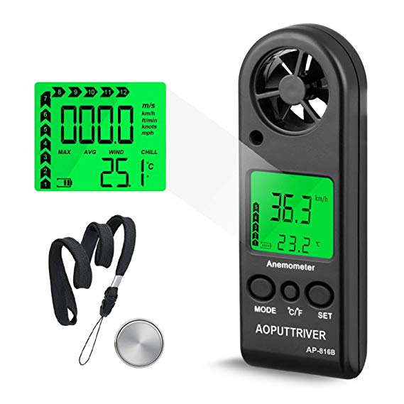 Digital Anemometer Handheld Wind Speed Meter for Measuring Wind Speed, Temperature and Max/Average/Current, High Precision, Measuring for Windsurfing Sailing Fishing Outdoor Activities-AP-816B(Black)