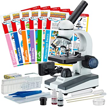 AmScope 40X-1000X Compound Monocular Student Microscope Set   Slide Preparation Kit   Science Experiment Cards