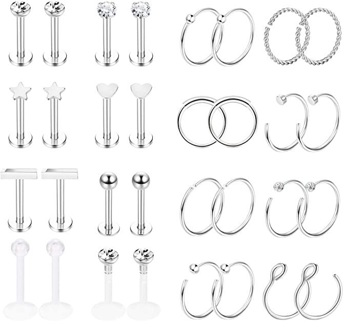Jstyle 32Pcs Stainless Steel Nose Rings Hoop Labret Monroe Lip Ring Tragus Cartilage Helix Ear Piercing Jewelry 16G/20G
