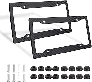 Carbon Fiber License Plate Frames, 2 Pack Stainless Steel License Plate Frames with Screws & Caps, Black Carbon Pattern Front & Rear Car Tag Holder Cover for Men/Women