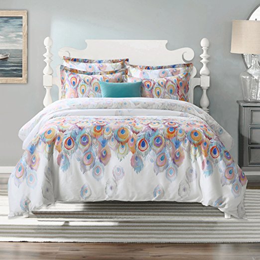 Honeyhome 600 Thread Count Cotton 3 Pieces Duvet Cover Set Egyptian Quality Bedding Set Peacock Printing Pattern,1 Duvet Cover 2 Pillow Shams - Full/Queen Size