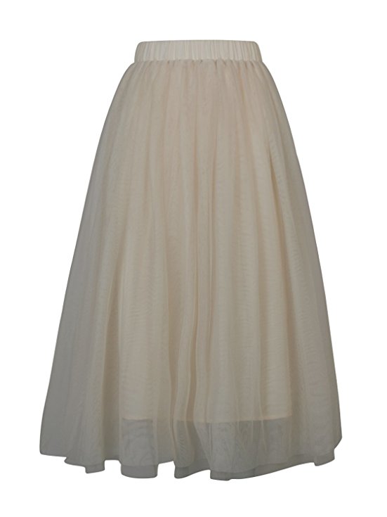 Joeoy Women's Elastic Waist Ballet Layered Princess Mesh Tulle Midi Skirt