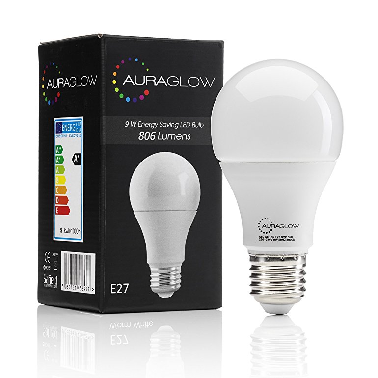 AURAGLOW 9w LED E27 Screw Light Bulb, Daylight Cool White, 806 lumen, 60w Equivalent