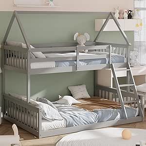 Giantex Bunk Beds Twin Over Full Size, Solid Wood House Bed Frame w/Integrated Ladder & Safety Guardrails, Convertible to 2 Beds, Triple Bunk Bed for Kids Teens Juniors, No Box Spring Needed, Grey