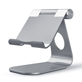 OMOTON Desktop Tablet Stand, Multi-Angle Aluminum Charging Dock Holder with Sticky Suction Mount Base, Fit for All Smart Phones, E-readers and Tablets (Up to 12.9 inch), Grey