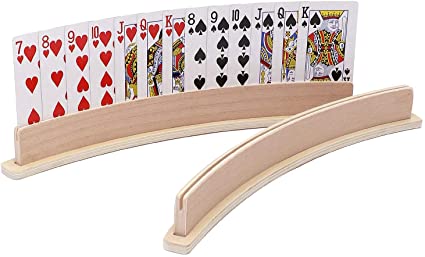 Exqline Wood Curved Playing Card Holder Racks Tray Set of 4 for Kids Seniors Adults - 13.4inch with Widen Base Stable Enough for for Bridge Canasta Foot and Hand