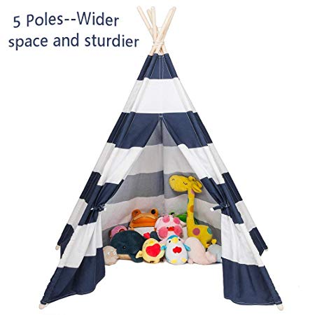 JOYMOR Foldable 100% Cotton Canvas Indoor Teepee Tent Indian Playhouse for Kids Play with Banner,Carry Bag,Window,Pocket