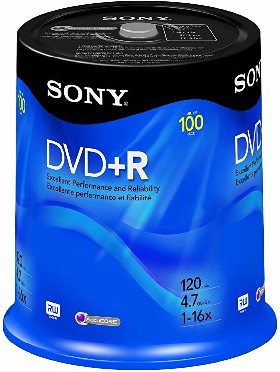 Sony DVD R 4.7 GB Printable Recordable DVD's - 100 Disc Spindle Pack