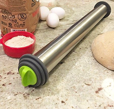Chef O' Gadgets Stainless Steel Rolling Pin w/ 3 Adjustable Discs: French Style Baking Rod: Freezer Safe Non Stick Feature : Roll Dough and Pastry to 3 Precise Thicknesses :18 inch x 2.5 inch