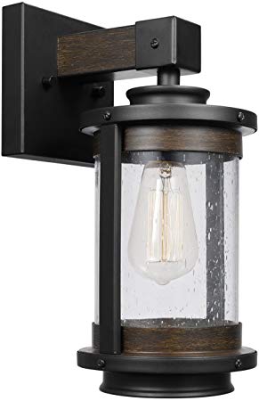 Globe Electric 65931 Williamsburg 1-Light Wall Sconce, Dark Bronze, Dark Wood Finish Accents, Seeded Glass Shade