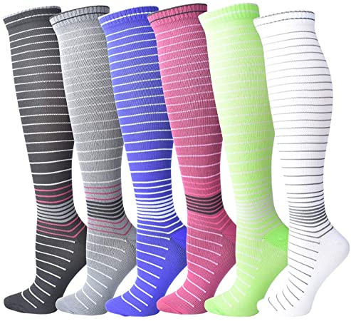 6 Pairs Graduated Compression Socks (15-20mmHg) for Women and Men - Great for Medical, Circulation,& Recovery,Nursing, Travel & Flight Socks - Running & Fitness