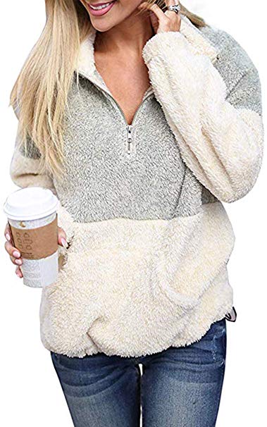 Angashion Womens Sweatshirt - Long Sleeve 1/4 Zip Up Faux Fleece Pullover Hoodies Coat Tops Outwear with Pocket