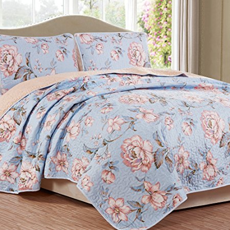 NTBAY 3 Pieces Reversible Coverlet Set Floral Printed Quilt Sets(King, Light blue)