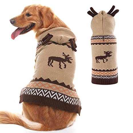 PUPTECK Christmas Dog Hooded Sweater - Reindeer Pattern - Xmas Knitwear Hoodie Winter Clothes Warm Coat