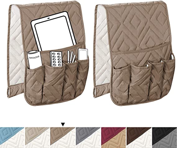 H.VERSAILTEX 5 Pockets Couch Sofa Chair Armrest Organizer for Phone Book Magazines TV Remote Control Anti-Slip Armrest Organizer, 2 Packs (Taupe/Beige), Diamond Pattern - 13" x 35"