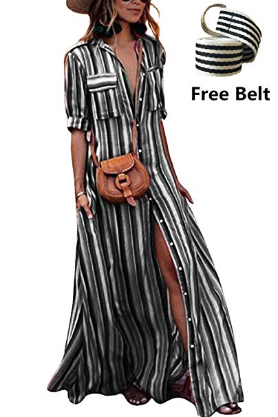 LAMISSCHE Womens Rainbow Loose Button Down Stripes Half Sleeve Maxi Dress with Pockets