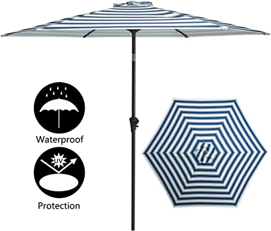 TAGI 9 Feet Hand Shake Outdoor Patio Umbrella 6 Rib Crank Lift Hand tilt, Blue and White Stripes