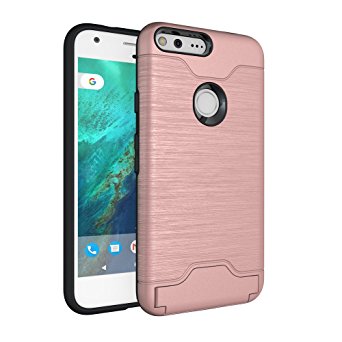 Google Pixel XL Case, Alaxy Slim Dual Layer Wallet Design and Card Slot Holder Brushed Texture Dual Material Hybrid Protection Bumper Case Heavy Duty Protective Cover for Google Pixel XL -Rose Gold
