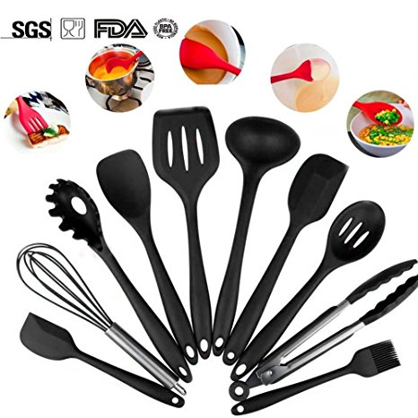 10 Pieces Silicone Cooking Utensils Sets Non-stick Heat Resistant Hygienic Kitchen Gadgets (Black)