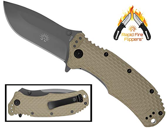 Off-Grid Knives - Rapid Fire Coyote - Hard Use Camping & Survival EDC Knife, Cryo Japanese AUS8 Blade, Titanium Nitride Coating with FRN Scales (Fiber Reinforced Nylon) & All-Position Mounting Clip